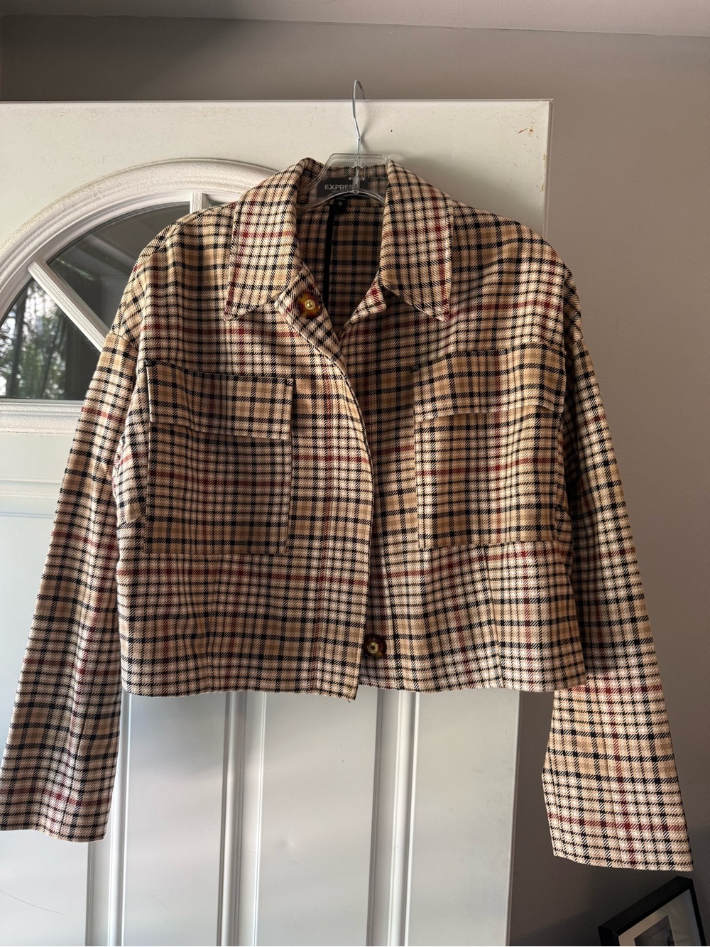 Express Cropped Plaid Utility Jacket in Beige, Black and Red